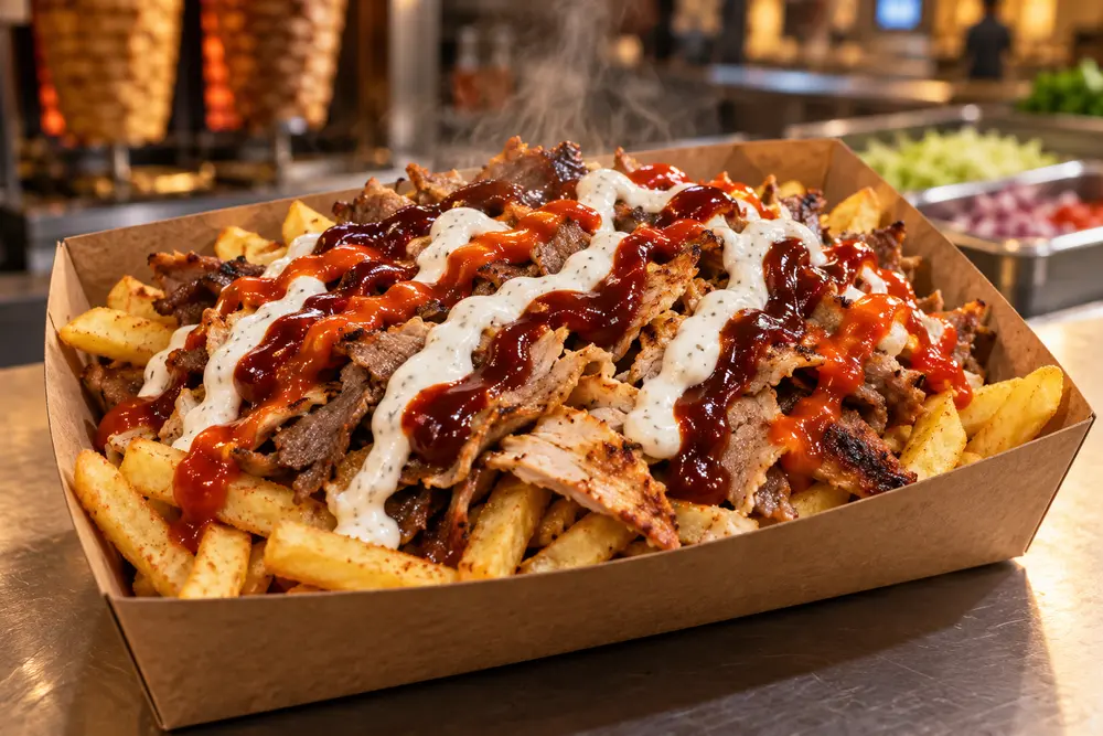 Halal snack pack with grilled meat, chips and sauces