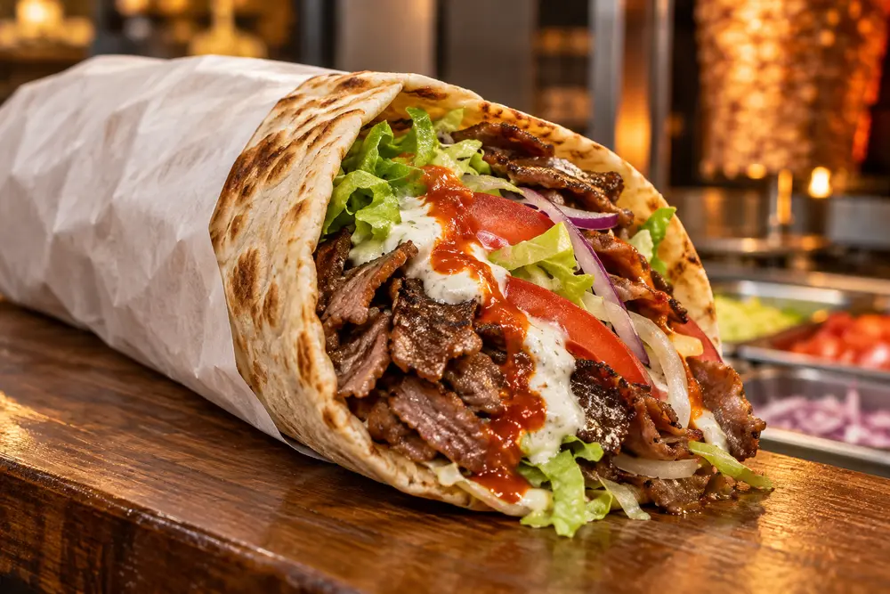 Fresh doner kebab roll with salad and garlic sauce